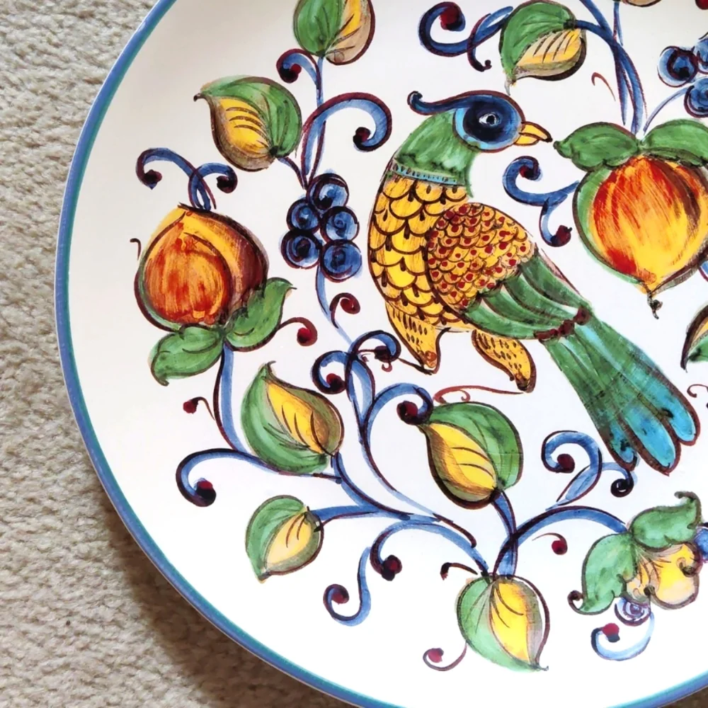 Sur La Table Hand-Painted Bird & Fruit Ceramic Plate — Blue, Green, Yellow